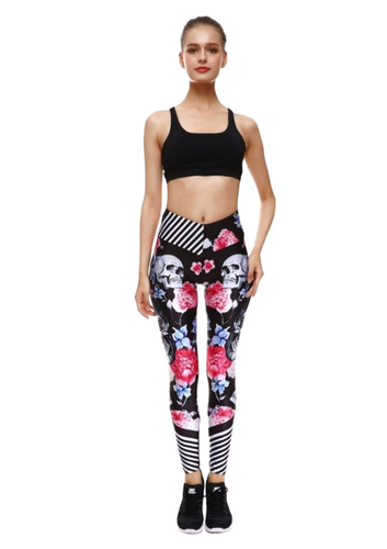 Women's Red Roses & Skull Yoga Gym Fitness Leggings