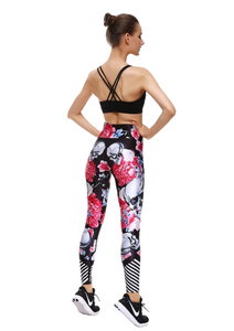 Women's Red Roses & Skull Yoga Gym Fitness Leggings