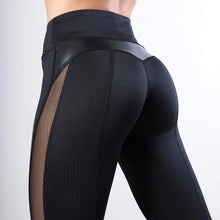 Load image into Gallery viewer, Women High Waist Yoga Fitness Leggings with Mesh And PU Leather Patchwork