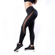 Load image into Gallery viewer, Women High Waist Yoga Fitness Leggings with Mesh And PU Leather Patchwork