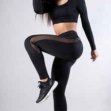 Load image into Gallery viewer, Women High Waist Yoga Fitness Leggings with Mesh And PU Leather Patchwork