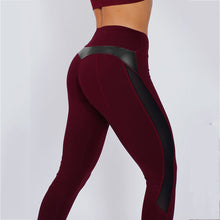 Load image into Gallery viewer, Women High Waist Yoga Fitness Leggings with Mesh And PU Leather Patchwork