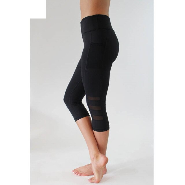 Women Legging Patchwork Mesh Black Capri Leggings