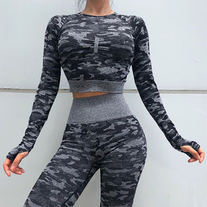 Women's 2 Piece Workout Set Long Sleeve Crop Top with Shaping Leggings