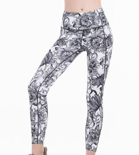 Women's High Waist Leggings Ankle-Length Pants White with Black Design