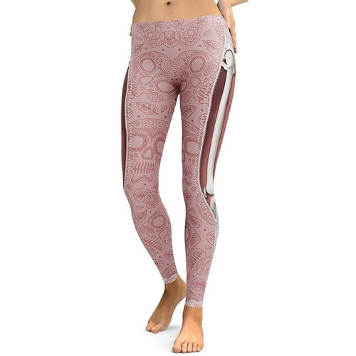 Women Yoga Gym Fitness Leggings in pink with bone effect print