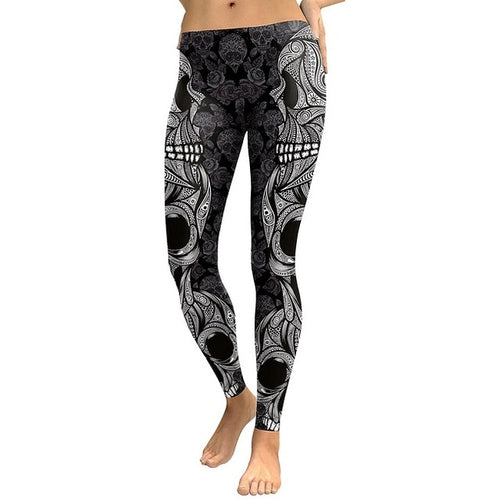 Women Yoga Gym Activewear Leggings in black with Skulls Print